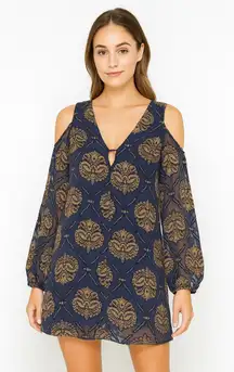 ASTR the Label Cold Shoulder Dress Womens Small Velvet Medallion Print Blue Gold