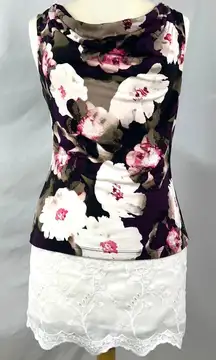 CALVIN KLEIN Purple White Dark Floral Cowl Neck Tank Top Womens Petite Small Y2K