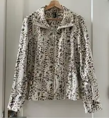 BEREK jacket blazer animal print beads faux suede drawstring collar zip up L