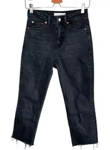 Topshop Womens Straight Leg High Waisted Black Denim Jeans Size 26 Frayed grunge