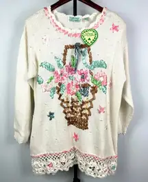 Vintage Colleen‎ Collectibles White Knit Ribbon Floral Planter Pullover Sweater