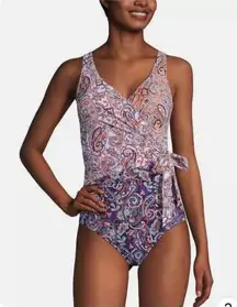 Lands' End Slender Tummy Control V-Neck Wrap Swimsuit Navy Paisley Mix Size 12