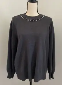 Liz Claiborne Embellished Gray Sweater XL Petite Jewel Neck Preppy Mature Y2K‎