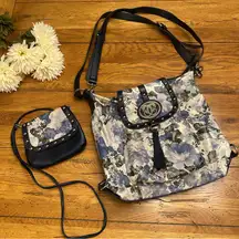 Sharif Leather Floral Convertible Blue and Black Women's Bag Set Purse Backpack