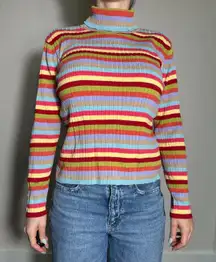 Vintage Talbots 100% Cotton Rainbow Striped Turtleneck Size Large