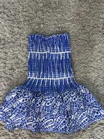 Blue and white strapless dress