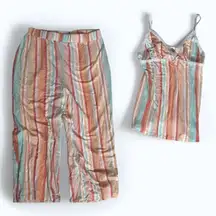 Y2K Vintage Pajamas Set Womens L Pink Lace Cami Babydoll Pants Wide Leg Striped