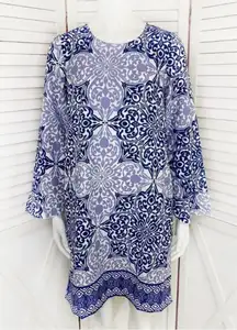 Buckhead Bettie’s Savannah Scroll Print Tunic Dress Blue Small Long Sleeve