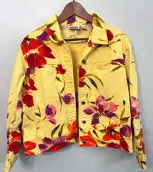 Chicos Design Floral Denim Jacket Size 1 (US M) Yellow Purple Red Embellished