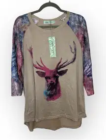 Southern Grace Deer Print Lace Raglan Top XL Boho Western Cabincore NWT