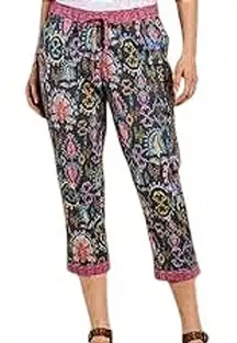 Sundance Leia Multi Pattern Cropped Capri Pants Elastic Waist Drawstring Cotton‎