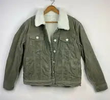 PacSun Olive Army Green Cream Corduroy Sherpa Lined Trucker Jacket womens L