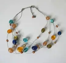 Mix Culture Jelly Belly Multi Strand Wire Necklace Genuine Pearl Beaded Colorful