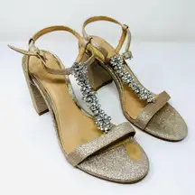 JEWEL BADGLEY MISCHKA gold glitter and CZ ankle wrap block sandals, size 6