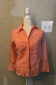 Dress Barn Pleated Front V-Neck Button Down Blouse S Peach Dopamine Classic Twee