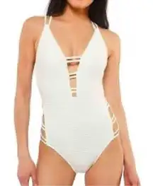 Jessica Simpson Ribbed White Cut Out One Piece Swimsuit