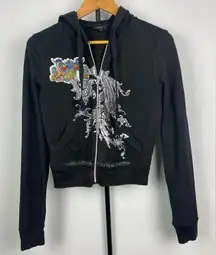 Express Black Y2K 2000s‎ Graphic Print Full Zip Cropped Hoodie Sweater