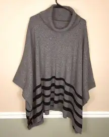 Tahari Women’s Wool Yak Knit Gray Striped Drape Hem Cowl Neck Sweater Poncho