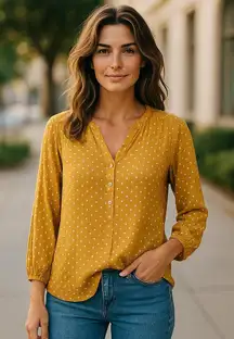 Old Navy Womens Tunic Top XL Mustard Yellow‎ Polka Dot White