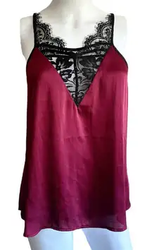 Express Medium Satin Camisole Maroon with Black Lace deep V-neck​​​​