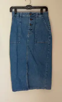 Japan GU Blue Wash Denim Jean Button Front Midi Skirt, Size Medium