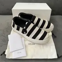 Celine Black/White Striped Canvas Slip On Sneakers