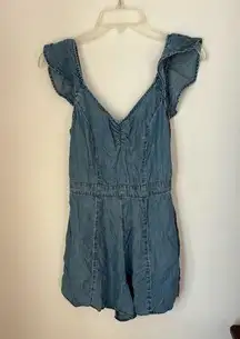 American Eagle NWT  denim romper with cutout back and ruffle sleeves size S