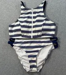 Venus High Neck Zip front Bikini Swimsuit Size 14 Navy/White Sailboat Stripe