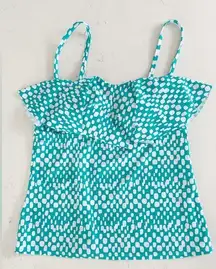 Catalina Teal and White Geometric Tankini Swimsuit Top Size L 10/12 Ruffle