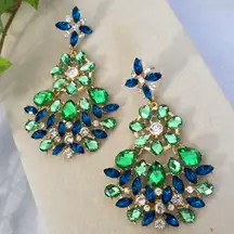 Large Statement Earrings Gold and Teal Blue with Green Chandalier