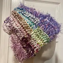 Handmade Crochet Chunky Ribbed Upcycled Multi Fiber Scrappy Yarn Beanie Hat