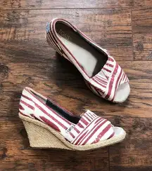 Toms  • Calypso canvas wedge espadrilles red stripe peep toe jute