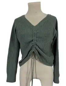 Full Circle Trends Women's Ribbed V Neck Cinched Drawstring Cropped Sweater XL