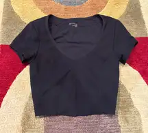 Offline by Aerie Goals Black V Neck Athletic Crop Top Tee Shirt Built in Bra XS