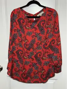 The Loft Red Paisley Women’s Blouse XLP Petite Long Sleeve Work‎ Office