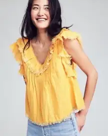 Faherty Yosepha Marigold 100% Linen Fringe Ruffle Top Size M