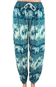 Advance Green Floral Elephant Tribal Thai Drawstring Harem Jogger Pants Size S