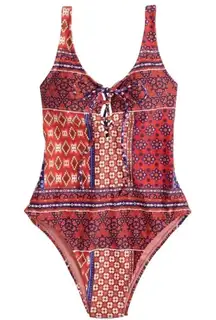 New Indigo Rein Boho‎ Patchwork Paisley One Piece Swimsuit Swim Strappy Print L