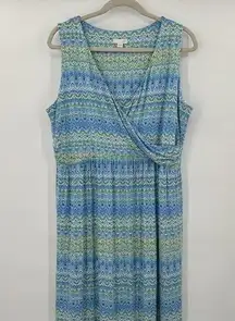 J.Jill Aqua Blue White Aztec Bohemian V-neck Maxi Dress Size Large Faux Wrap‎