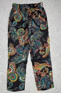 J Crew Pull On Silk Pants Womens 0 Black Paisley Ankle Casual Trousers