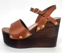 Celine Wooden Platform Wedge Sandals Tan Leather Gold Studs 37 (US 7)