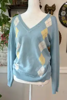 Vintage Y2K NY & Co Women's M Argyle V-Neck Blue Sweater Preppy Academia Retro