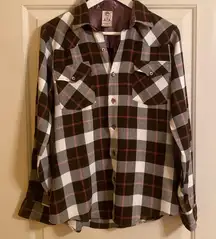 Arrow Vtg Flannel Plaid Button Down L/S Shirt Chocolate Brown Cream Red Medium