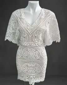SoieBlu Lace Crochet Mini dress Beige SMALL Flutter Sleeves womens