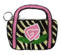 Vintage Beaded Mini Handbag Keychain – Zebra + Pink Rose – Handmade