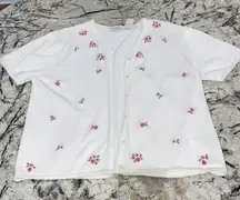 Vintage Floral and White Short Sleeve Button up‎ Top- Size Large
