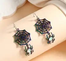 Colorful spider web design with shiny rhinestone decor dangle earrings goth punk