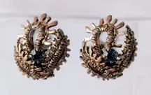 Vintage Clip On Earrings Very Dark Goldish Brassy Tone with Blue? Gems