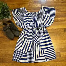 Moonlight Geometric Print Blue White Flutter Short Sleeve Mini Dress Size Large