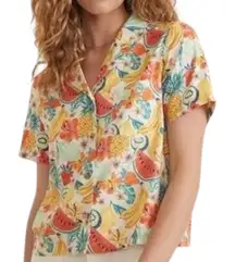 Marine Layer Lucy Resort Shirt White Fruit Print‎ Button Front Hemp Blend Small